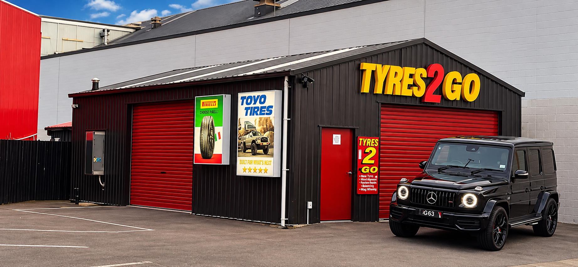 Tyres 2 Go Shirley storefront, inset